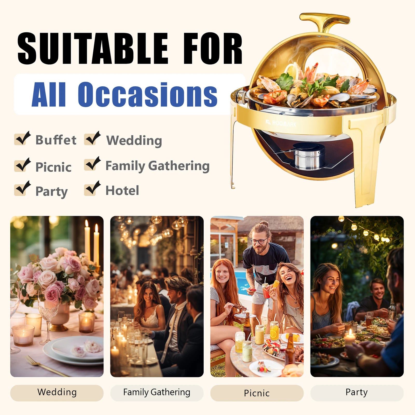 ROOMARK – ensemble de Buffet à réchaud 9QT, chauffe-catering en acier inoxydable de haute qualité, ensemble complet avec cadre épais pour fête de mariage