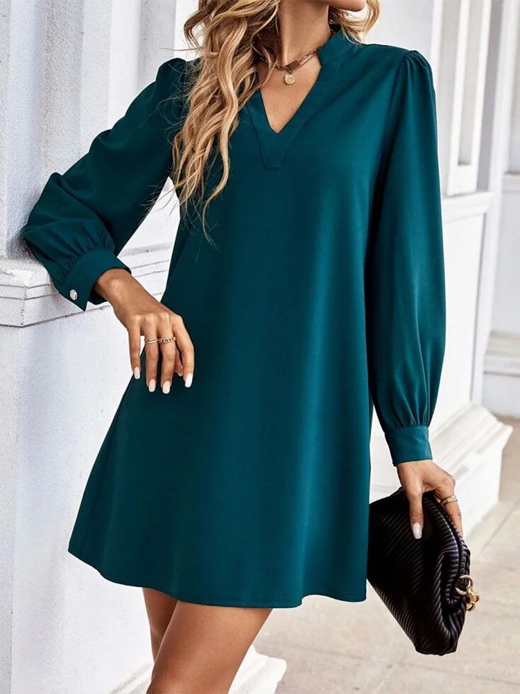 Bureau dame chemise Style robes femmes col en v à manches longues Mini robe printemps automne couleur unie vêtements de travail