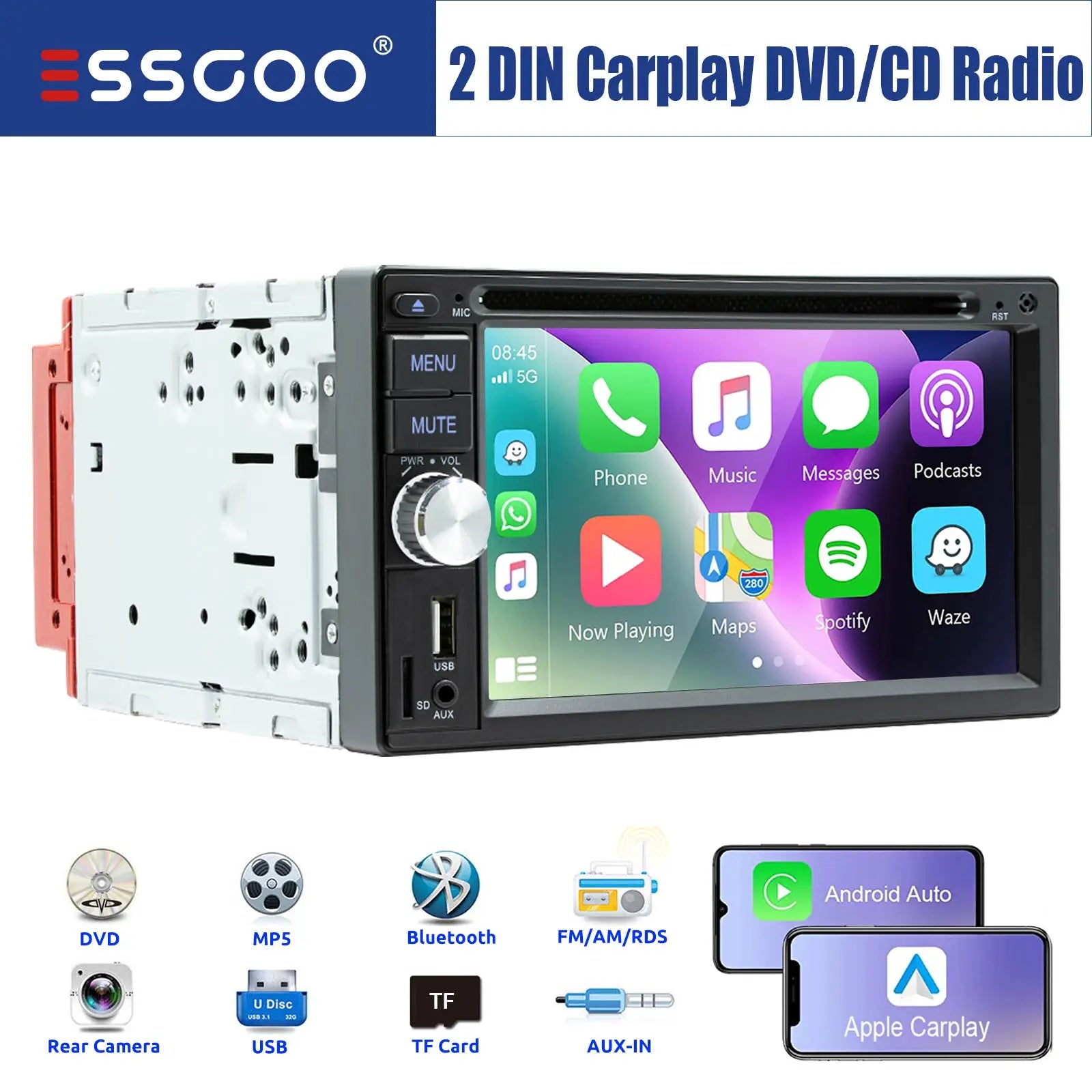 ESSGOO Autoradio 2DIN avec Écran Tactile de 6,2 Pouces. Lecteur CD/DVD, AM/FM, RDS, USB, Bluetooth, TF, AUX, CarPlay et Android Auto. Système Multimédia Complet avec Caméra. Idéal pour Améliorer Votre Expérience de Con