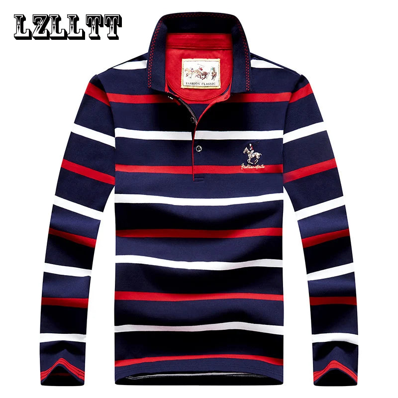 Polo à manches longues brodé en coton pour hommes, t-shirt à rayures, mode décontractée, t-shirt d'affaires, printemps, automne