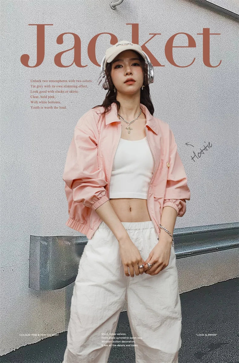 Maden Veste à col de baseball vintage pour femme, courte et décontractée, printemps-automne, légère, tenue quotidienne, rose