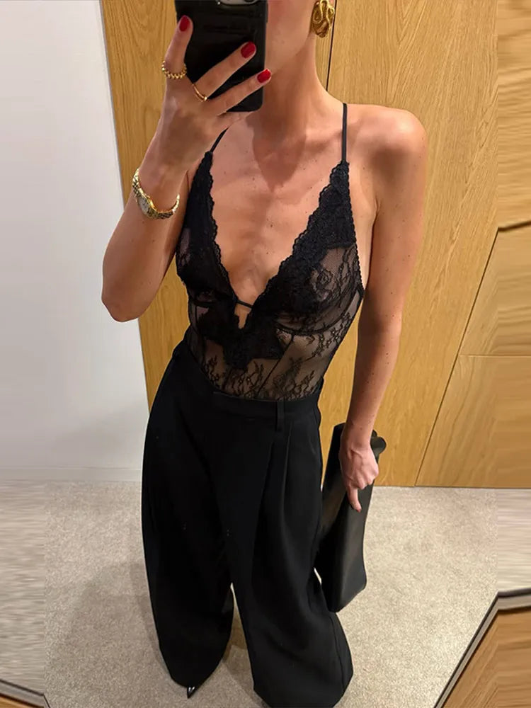 Body en dentelle patchwork ajouré transparent pour femme, décolleté plongeant, tenue de soirée sexy printemps, clubwear pour femmes