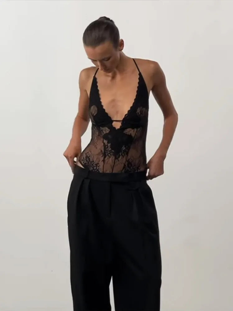 Body en dentelle patchwork ajouré transparent pour femme, décolleté plongeant, tenue de soirée sexy printemps, clubwear pour femmes