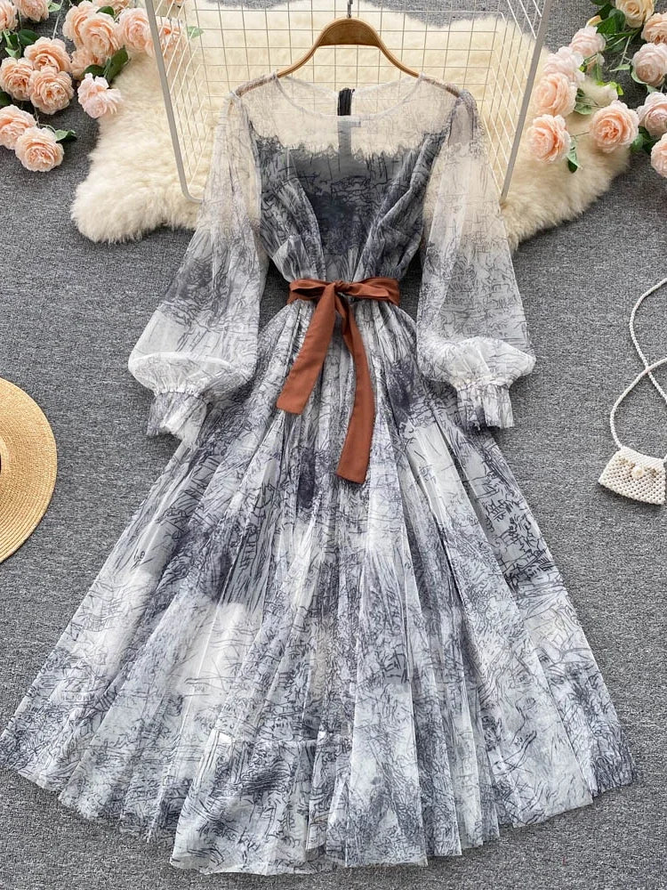 Robe en Maille Élégante pour Femme, Vintage, Manches Lanternes, Imprimée, Soirée, Patchwork, Ligne A, Bandage, Plage, Printemps Été