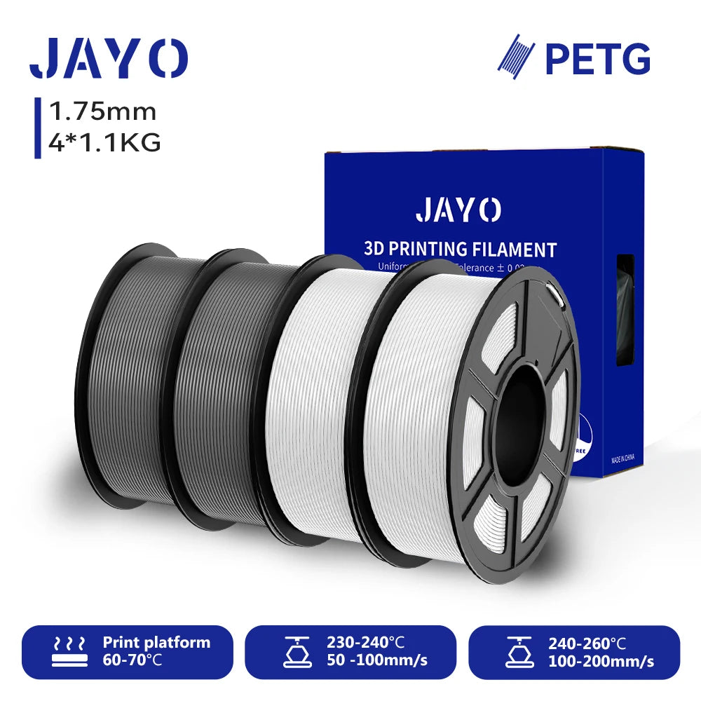 JAYO-Filament PETG pour imprimante 3D FDM, matériel d'impression 3D soigneusement enroulé, 2 rouleaux, 1.75mm, 2.2kg par ensemble