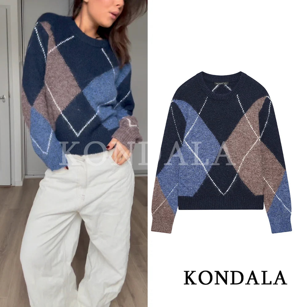 Pull tendance décontracté KONDALA pour femme, pull élégant en tricot losanges, mode printemps 2026, vacances, chic, pull féminin