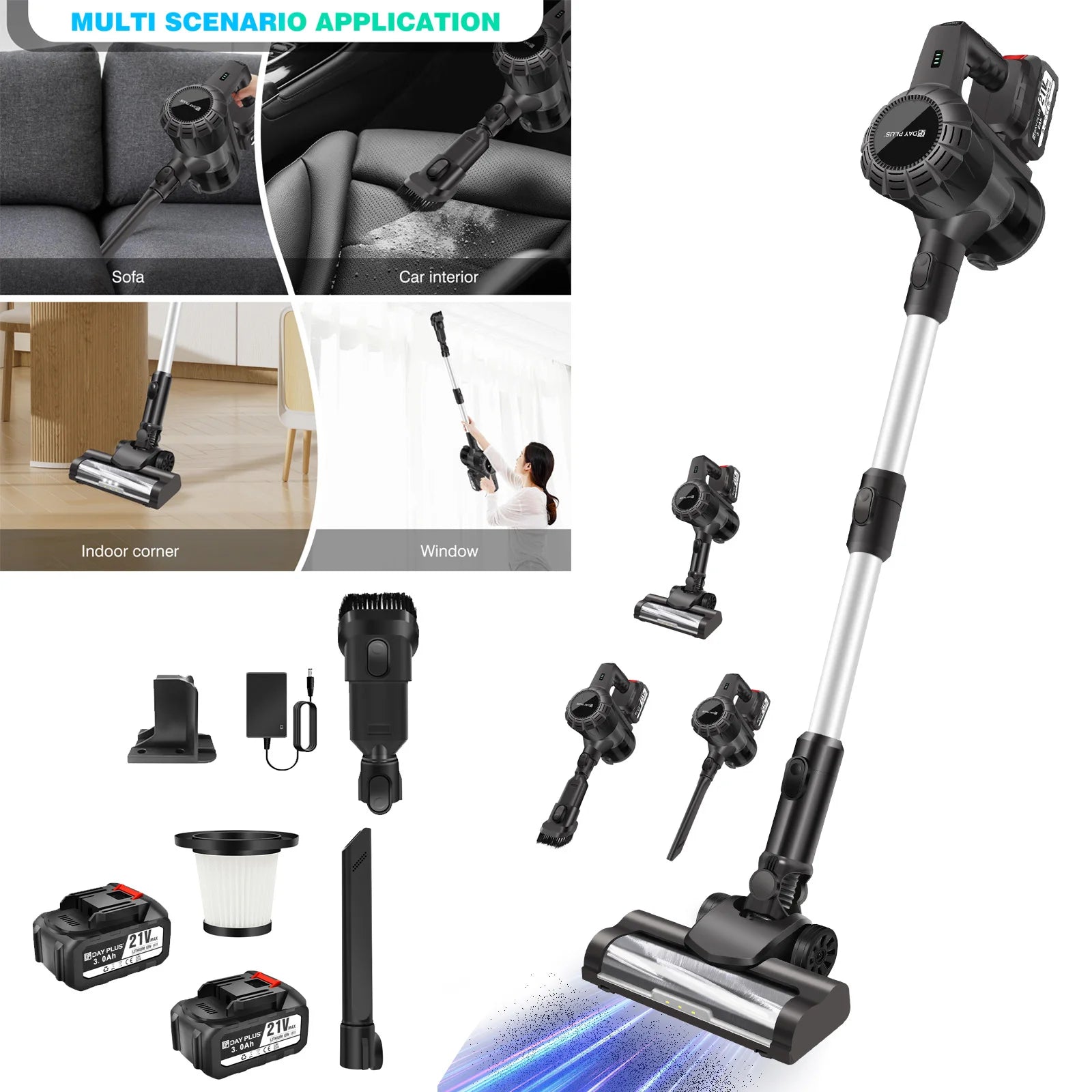 Aspirateur à manche vertical sans fil DayPlus, aspirateur à main sans fil 3 en 1 130000 RPM sans balais pour tapis, sol dur