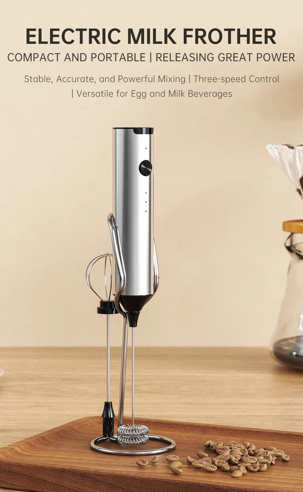 Mousseur à lait électrique, 3 vitesses avec 2 fouets, rechargeable par Type-C, en acier inoxydable, tête à mousse double couche pour latte/café