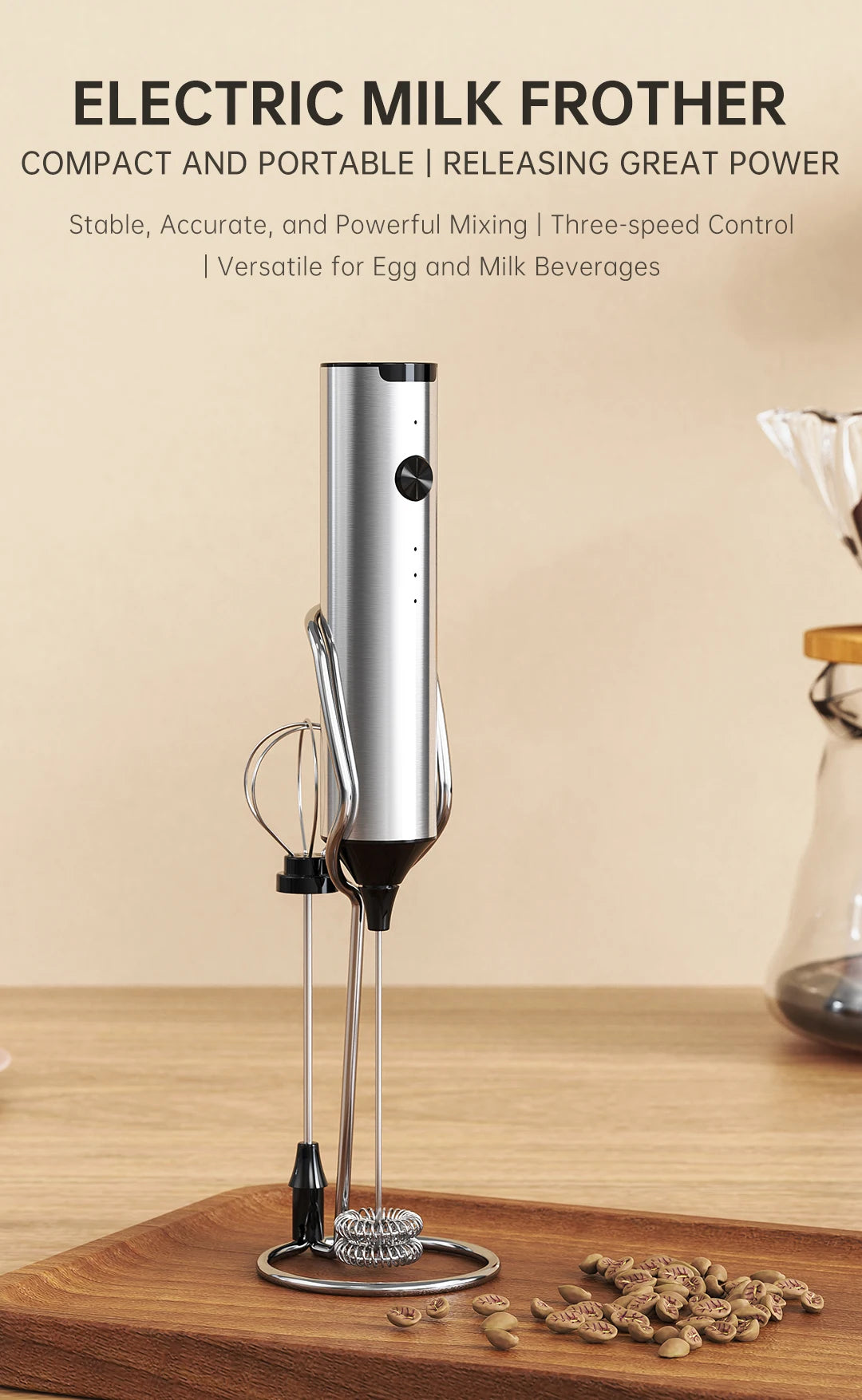 Mousseur à lait électrique, 3 vitesses avec 2 fouets, rechargeable par Type-C, en acier inoxydable, tête à mousse double couche pour latte/café
