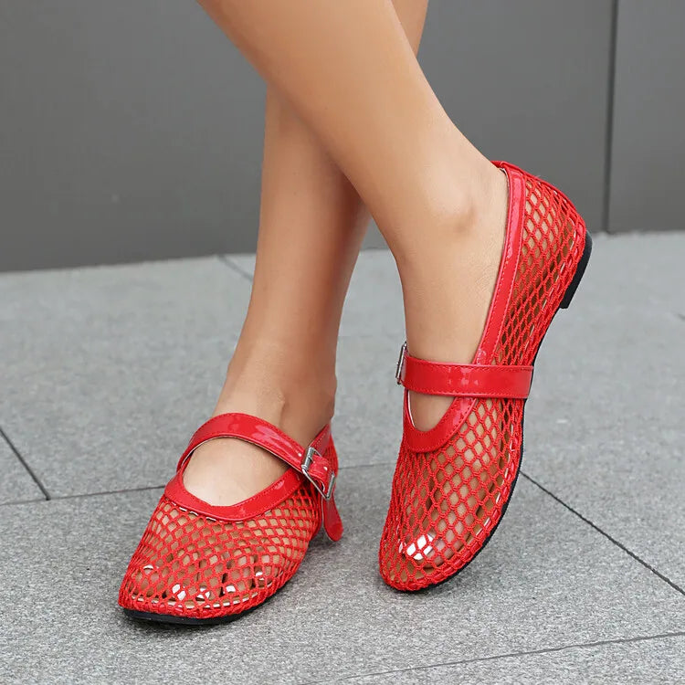 LeShion de Chanmeb marque maille Net ballerines chaussures pour femmes sangle boucle respirant Cool printemps été INS ballerine chaussures 43