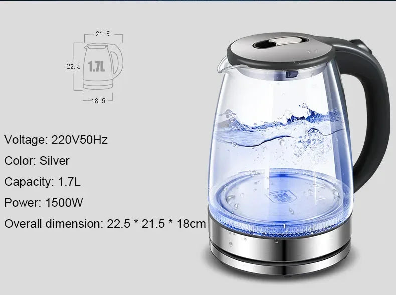 Bouilloire électrique en verre de 2 L - Théière sans fil en borosilicate avec base chauffante, chauffe-eau, indicateur LED, arrêt automatique