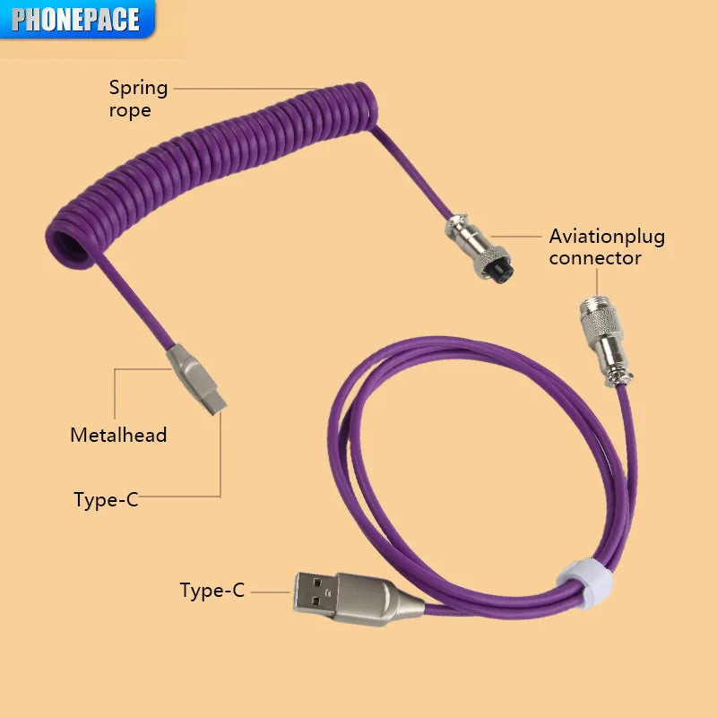 Câble enroulé pour clavier mécanique, USB Type C, pour aviateur, ordinateur de bureau, connecteur d'aviation, Max 3M