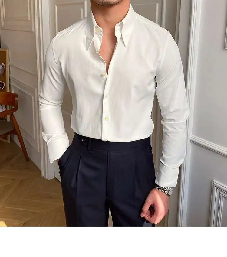 Printemps loisirs britannique affaires chemise Design britannique hommes col Cuba mince solide chemise blanche Camisa Social Masculina hommes chemise