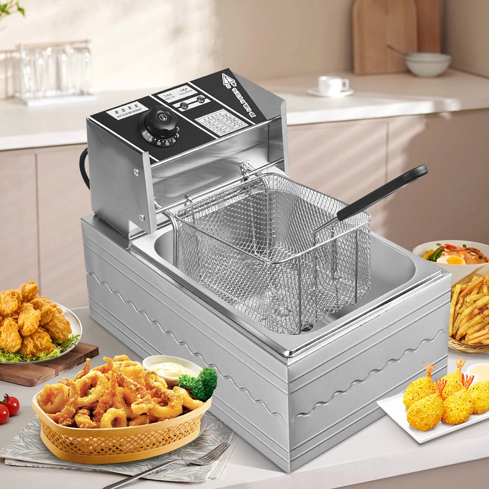Friteuse électrique 6L en acier inoxydable avec panier pour poulet frit et frites, avec contrôle du temps et de la température