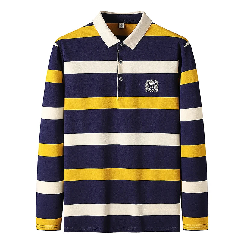Polo à manches longues brodé en coton pour hommes, t-shirt à rayures, mode décontractée, t-shirt d'affaires, printemps, automne