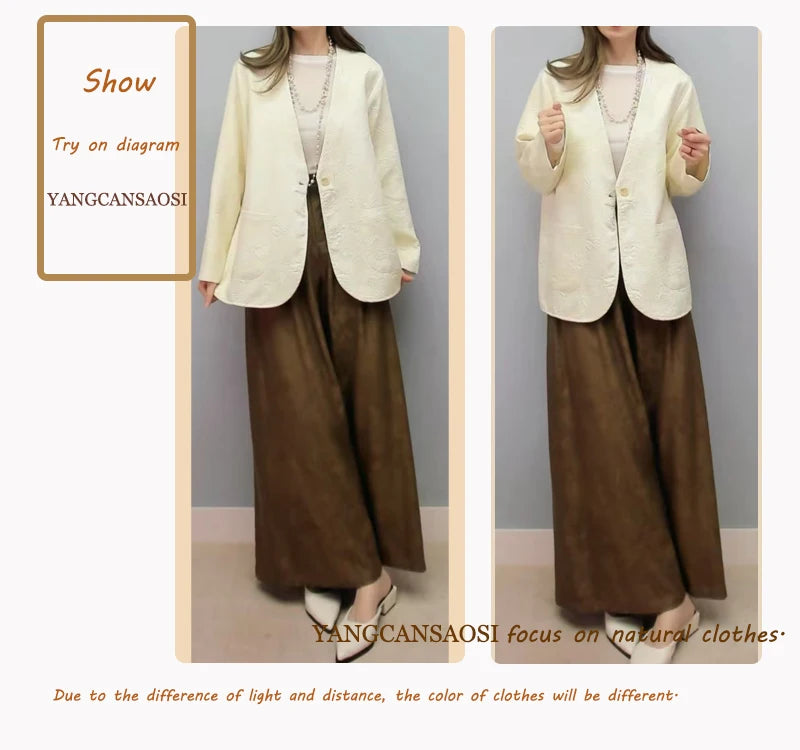 2025 femmes mode printemps nouveau Style Texture entrelacée couronne crêpe col en v à manches longues ample lait blanc manteau costume