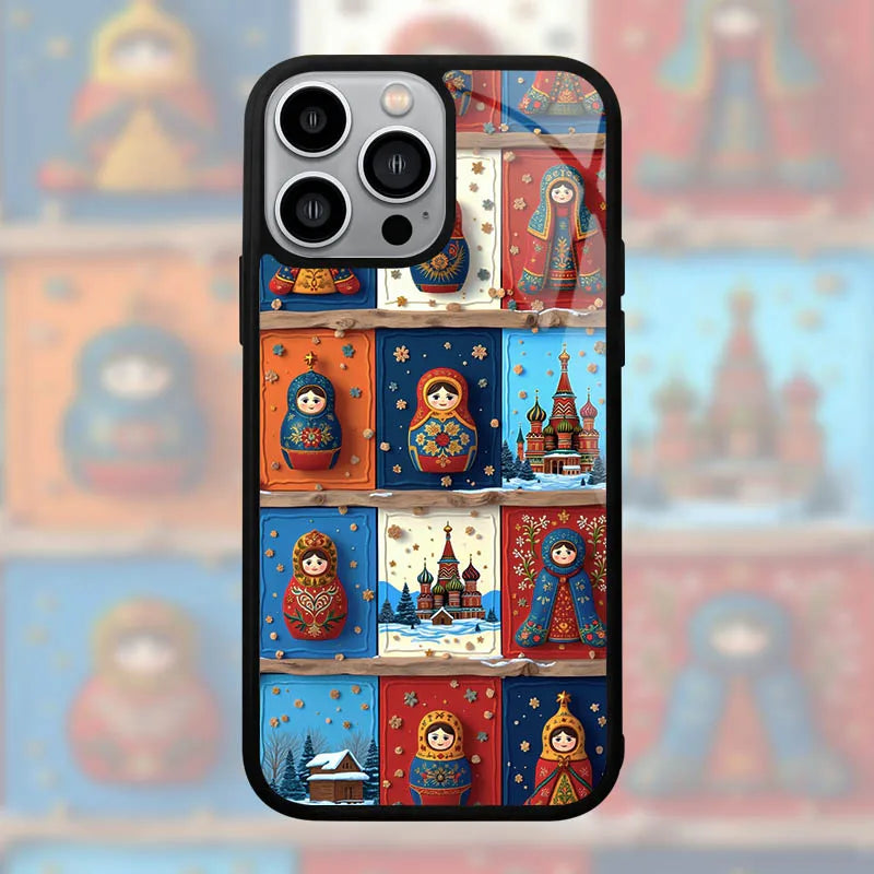 Allure russe pour iPhone 17 16 15 14 13 12 11 18 Pro Max, un ours ludique, dôme orné et poupées Matryoshka en fusion artistique