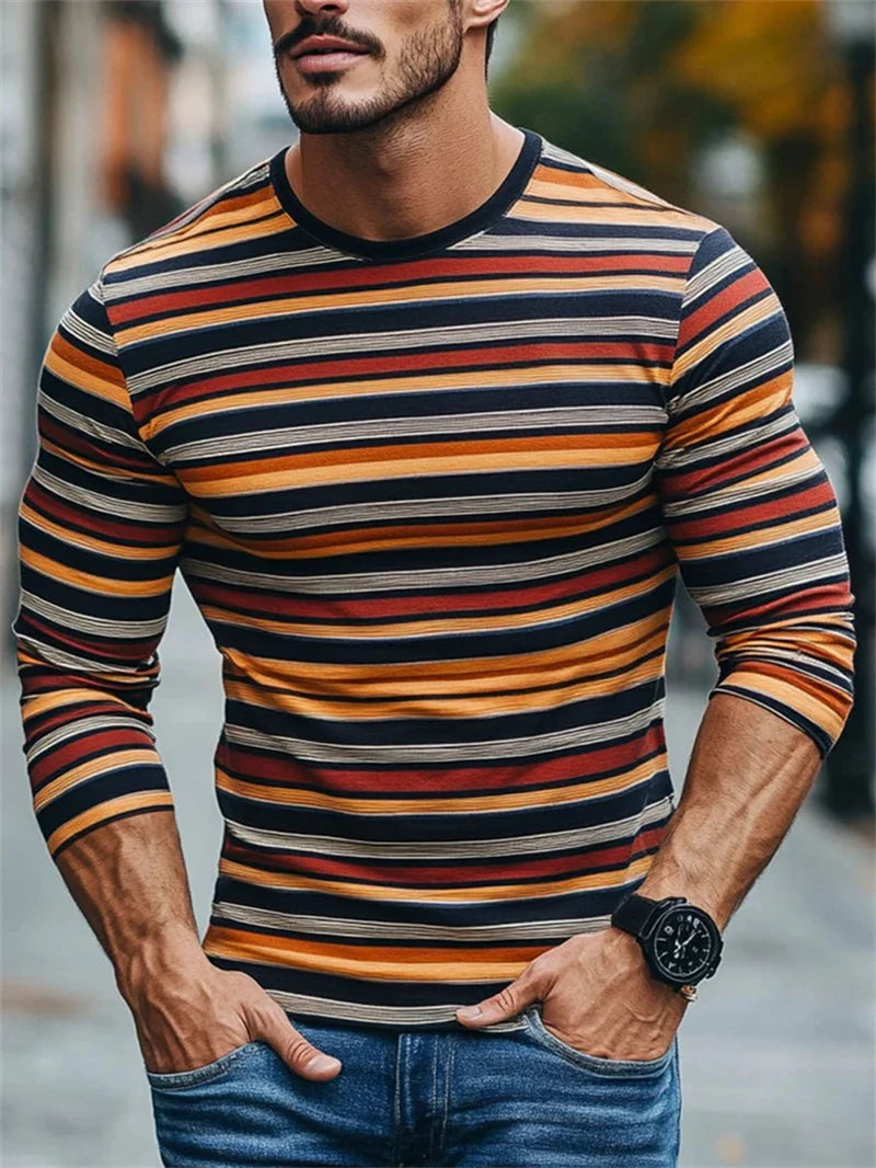 Rétro rayé graphique à manches longues T-shirts pour hommes Simple mode printemps automne 3D imprimé T-shirts décontracté surdimensionné T-shirts hauts