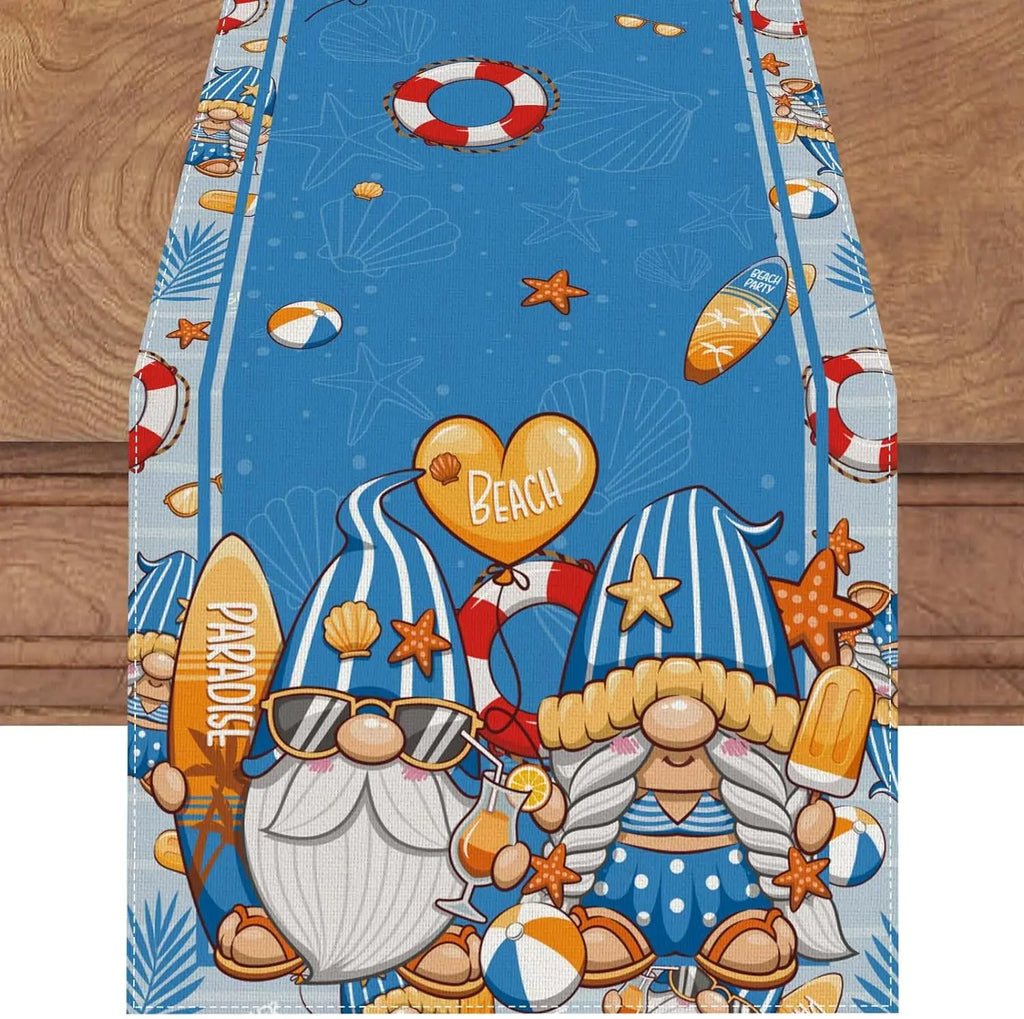 Chemins de table en lin de plage bleu, gnome d'été, piscine de plage hawaïenne, décor de fête côtière, décor de table de mariage de vacances, printemps et été