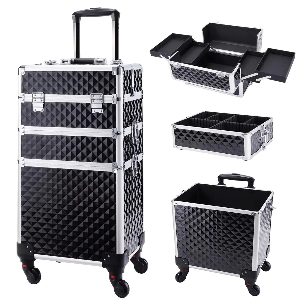 Trousse de maquillage roulante 3 en 1, trousse de maquillage amovible, étui de cosmétologie sur roulettes, chariot de maquillage verrouillable de grande capacité pour Salon