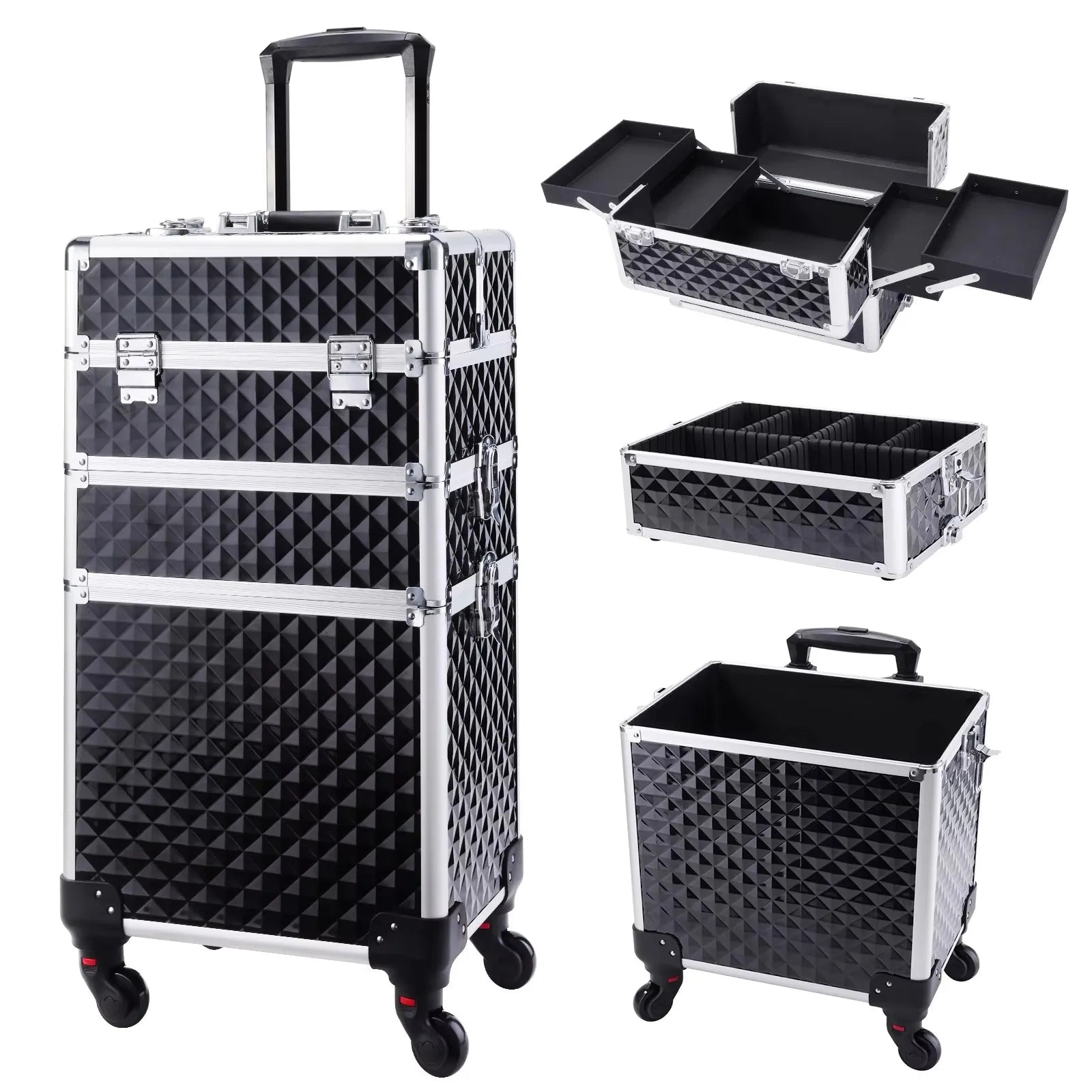 Trousse de maquillage roulante 3 en 1, trousse de maquillage amovible, étui de cosmétologie sur roulettes, chariot de maquillage verrouillable de grande capacité pour Salon
