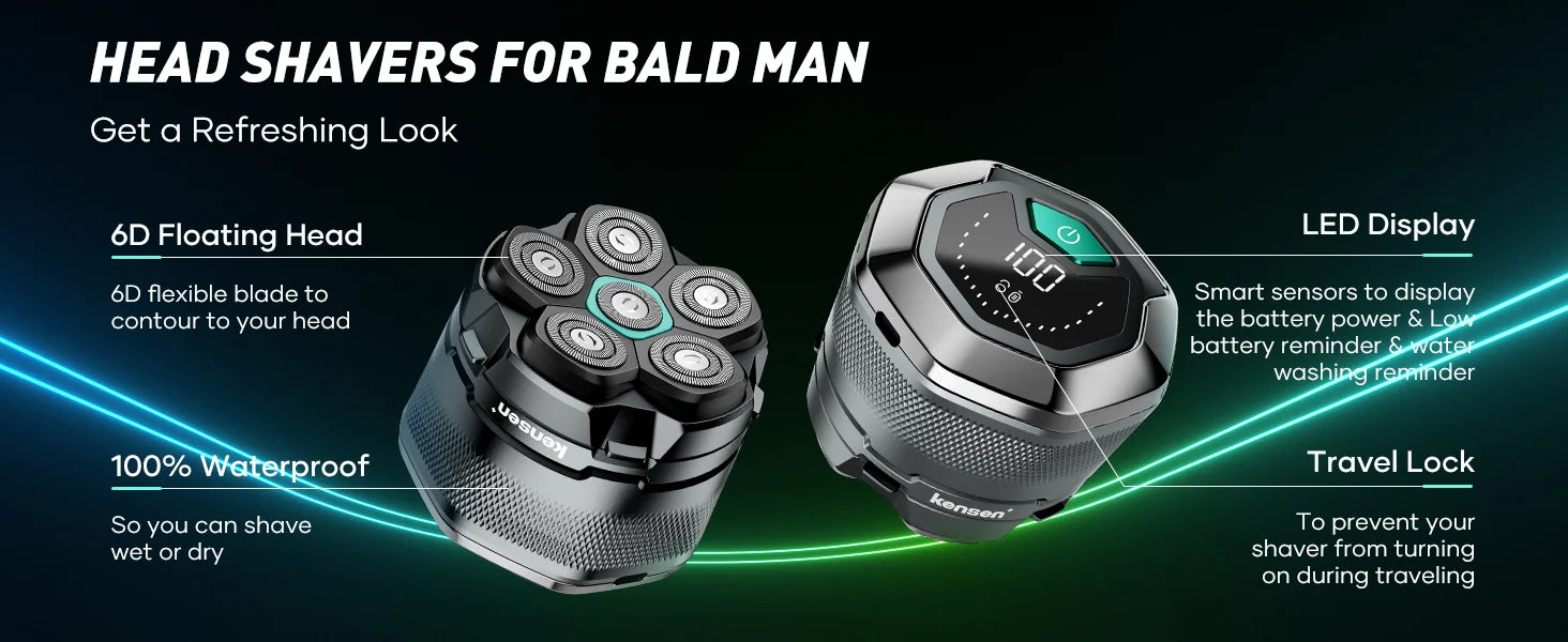 KENSEN rasoir électrique pour hommes chauve 6D rasoir magnétique tondeuse à cheveux USB Rechargeable affichage LED rasage humide/sec rasoir à barbe