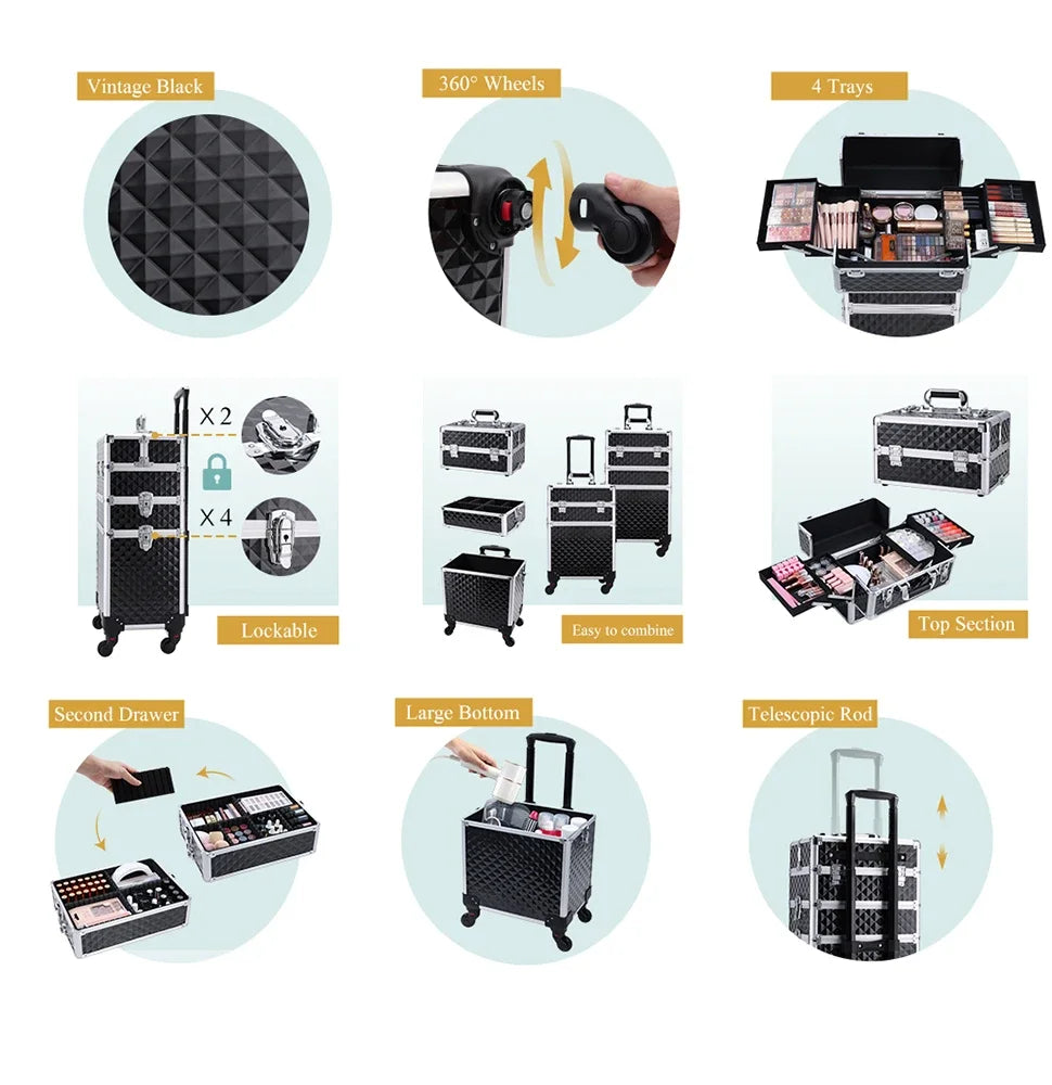 Trousse de maquillage roulante 3 en 1, trousse de maquillage amovible, étui de cosmétologie sur roulettes, chariot de maquillage verrouillable de grande capacité pour Salon