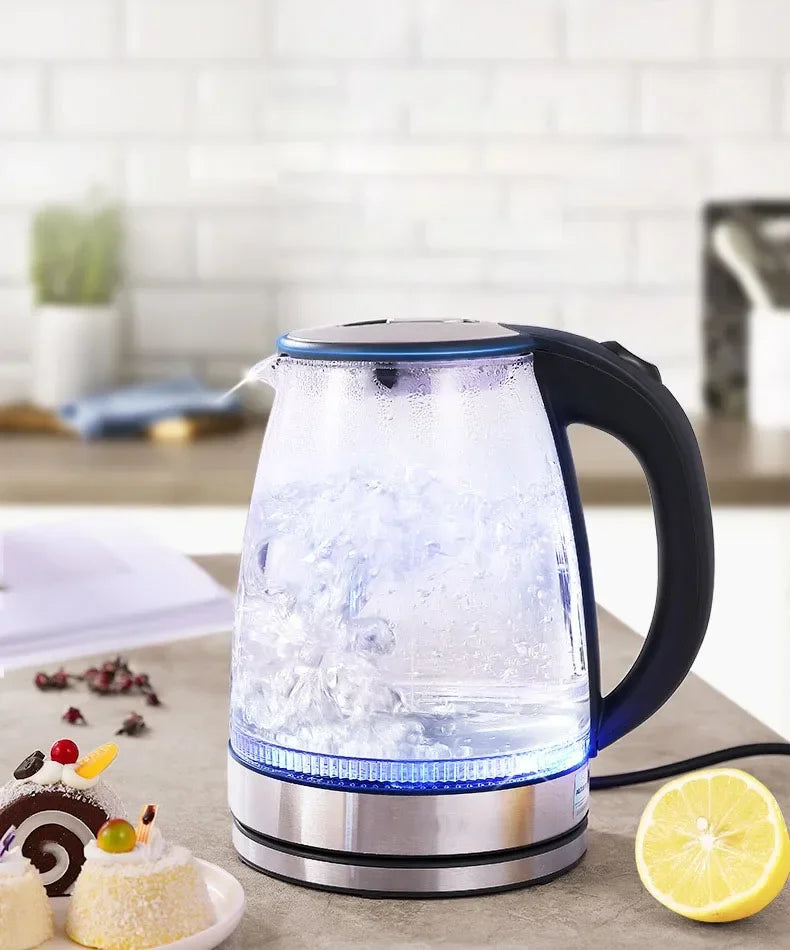 Bouilloire électrique en verre de 2 L - Théière sans fil en borosilicate avec base chauffante, chauffe-eau, indicateur LED, arrêt automatique