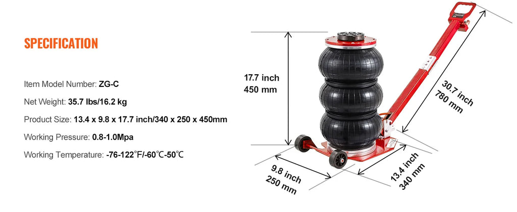 SucceBuy Cric pneumatique 3 tonnes/5 tonnes Triple sac Cric pneumatique Ascenseur rapide Crics de réparation de voiture robustes Crics à tige pliante avec deux roues