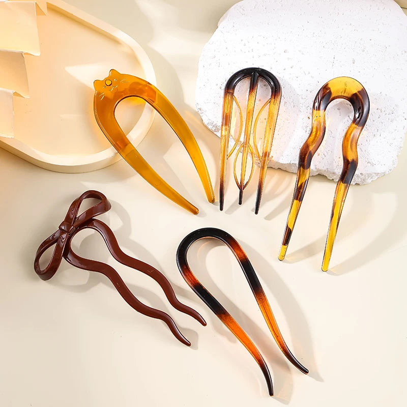 Fourchette à cheveux en forme de U, épingle à cheveux en acétate d'écaille de tortue en acrylique, couvre-chef géométrique, bâtons pour femmes et filles, accessoires pour cheveux