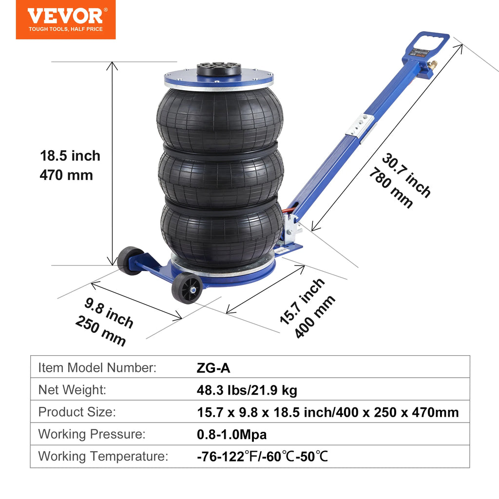 SucceBuy Cric pneumatique 3 tonnes/5 tonnes Triple sac Cric pneumatique Ascenseur rapide Crics de réparation de voiture robustes Crics à tige pliante avec deux roues