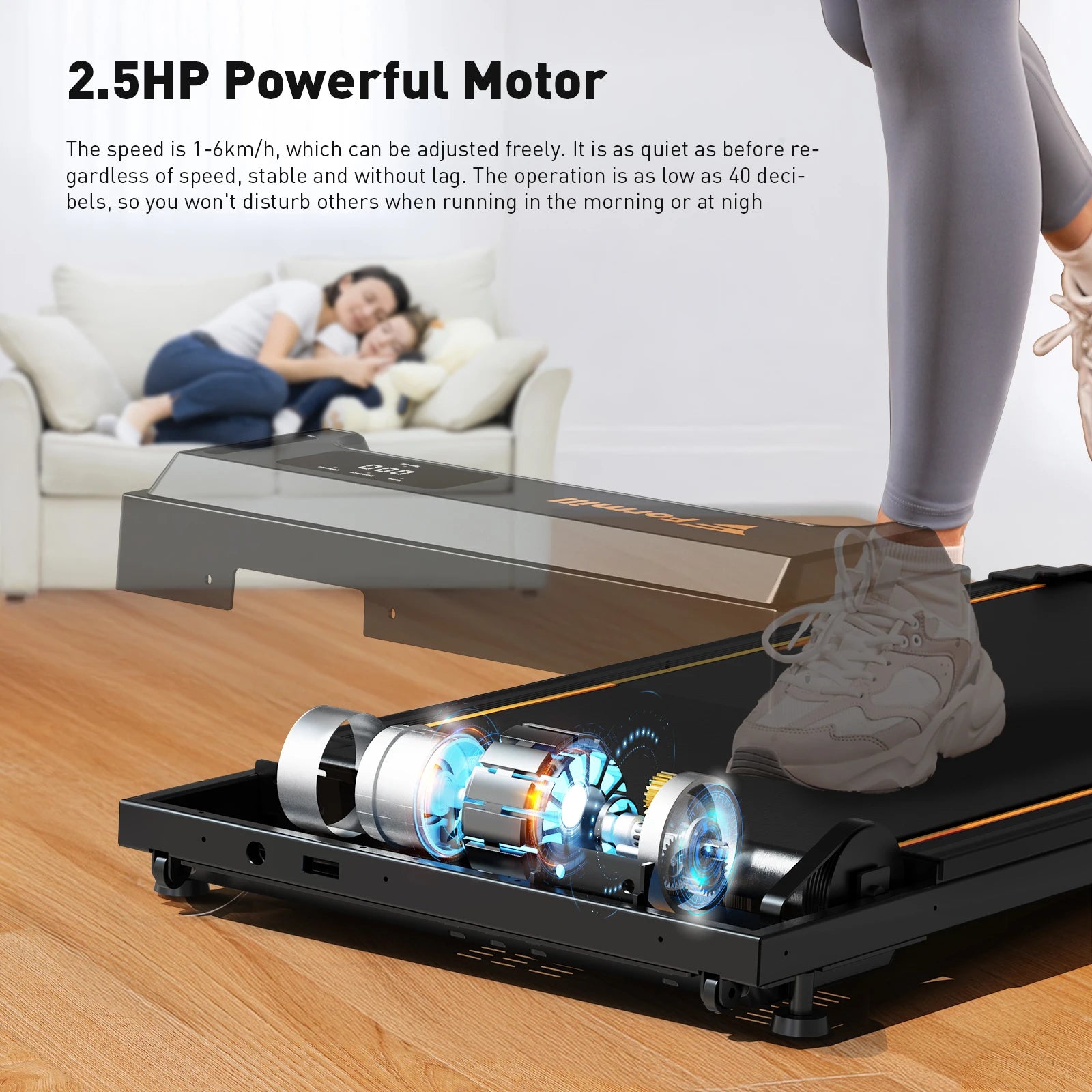 Formill-Tapis de Course pio FT21, Moteur 2,5 HP, Vitesse 1-6 km/h, Antidérapant, Absorption des Chocs, Mini Tapis de Course pour le Bureau et la Maison