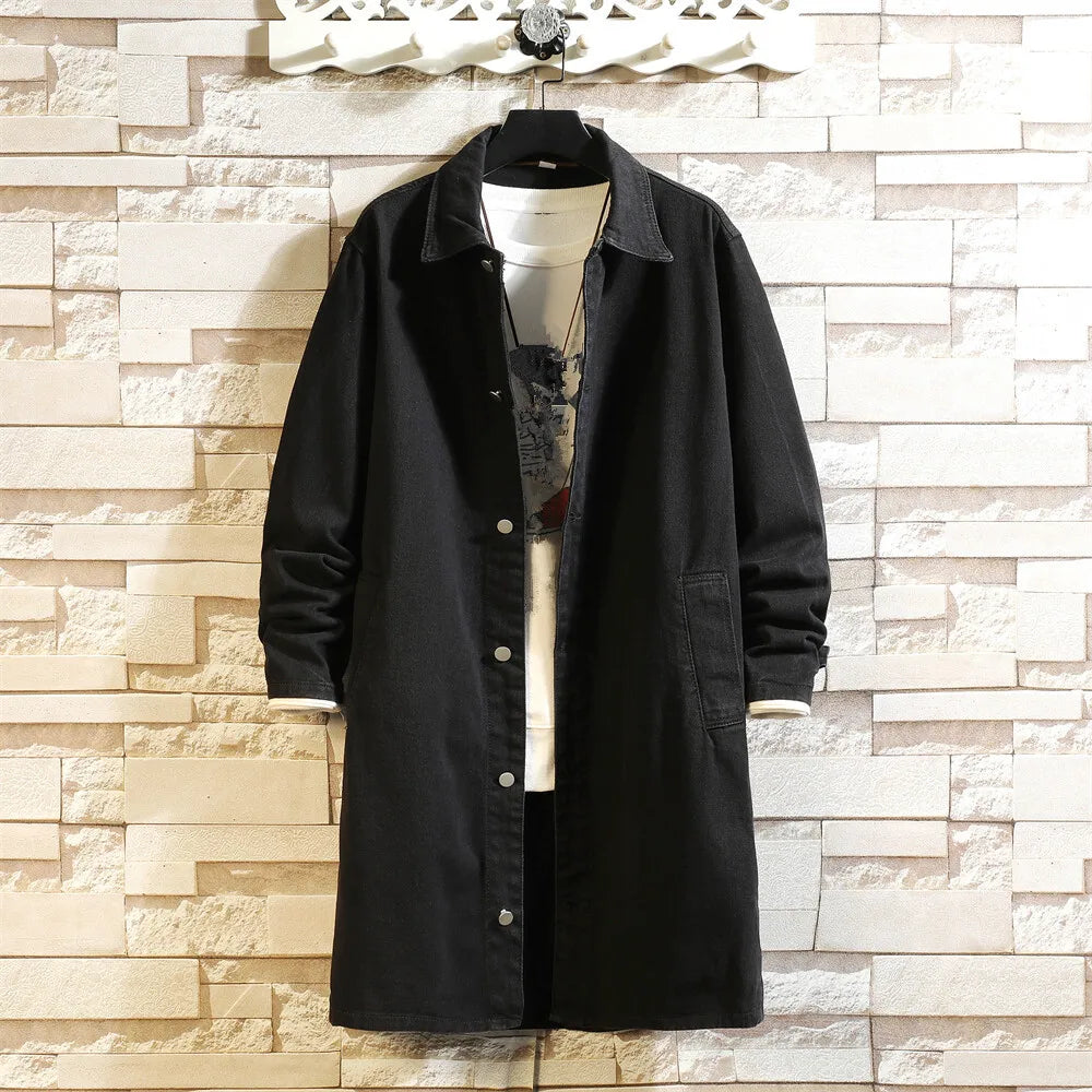 Nouveau printemps automne mode Denim Trench hommes coupe-vent décontracté manteau couleur unie Long hommes col rabattu vestes d'extérieur homme