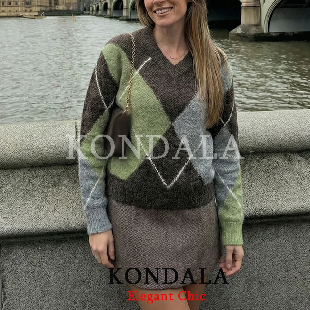Pull tendance décontracté KONDALA pour femme, pull élégant en tricot losanges, mode printemps 2026, vacances, chic, pull féminin