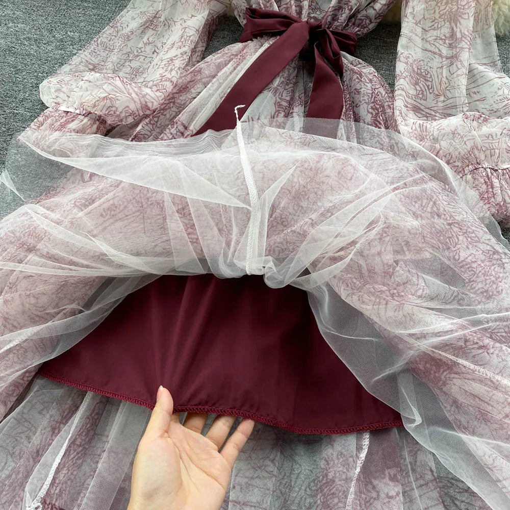 Robe en Maille Élégante pour Femme, Vintage, Manches Lanternes, Imprimée, Soirée, Patchwork, Ligne A, Bandage, Plage, Printemps Été