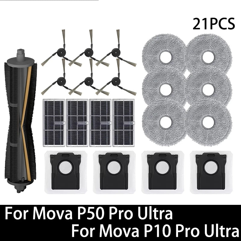 Pièces détachées pour robot aspirateur Mova P50 Pro Ultra / Mova P10 Pro Ultra : brosse principale, brosse latérale, filtre HEPA, chiffon de nettoyage, sac à poussière, accessoires