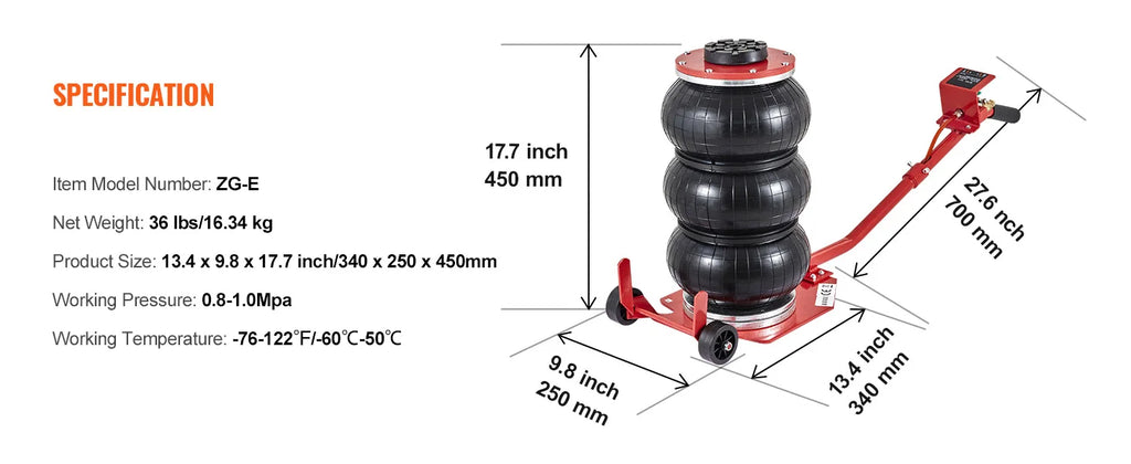 SucceBuy Cric pneumatique 3 tonnes/5 tonnes Triple sac Cric pneumatique Ascenseur rapide Crics de réparation de voiture robustes Crics à tige pliante avec deux roues