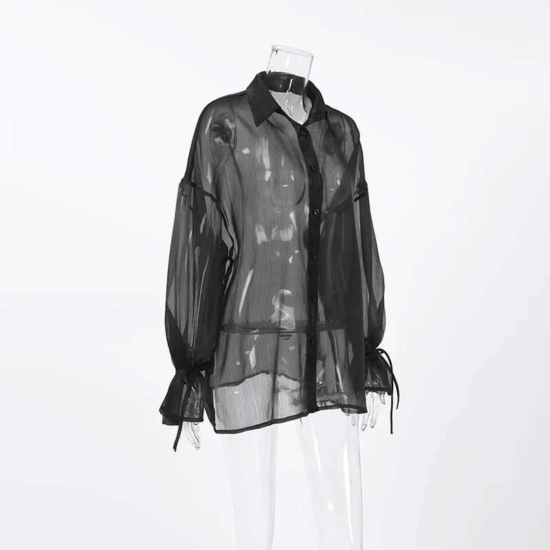 Mumaroho 2024 printemps été femmes élégant à manches longues solide noir maille chemise dames pure mousseline de soie Blouse pour femme femme