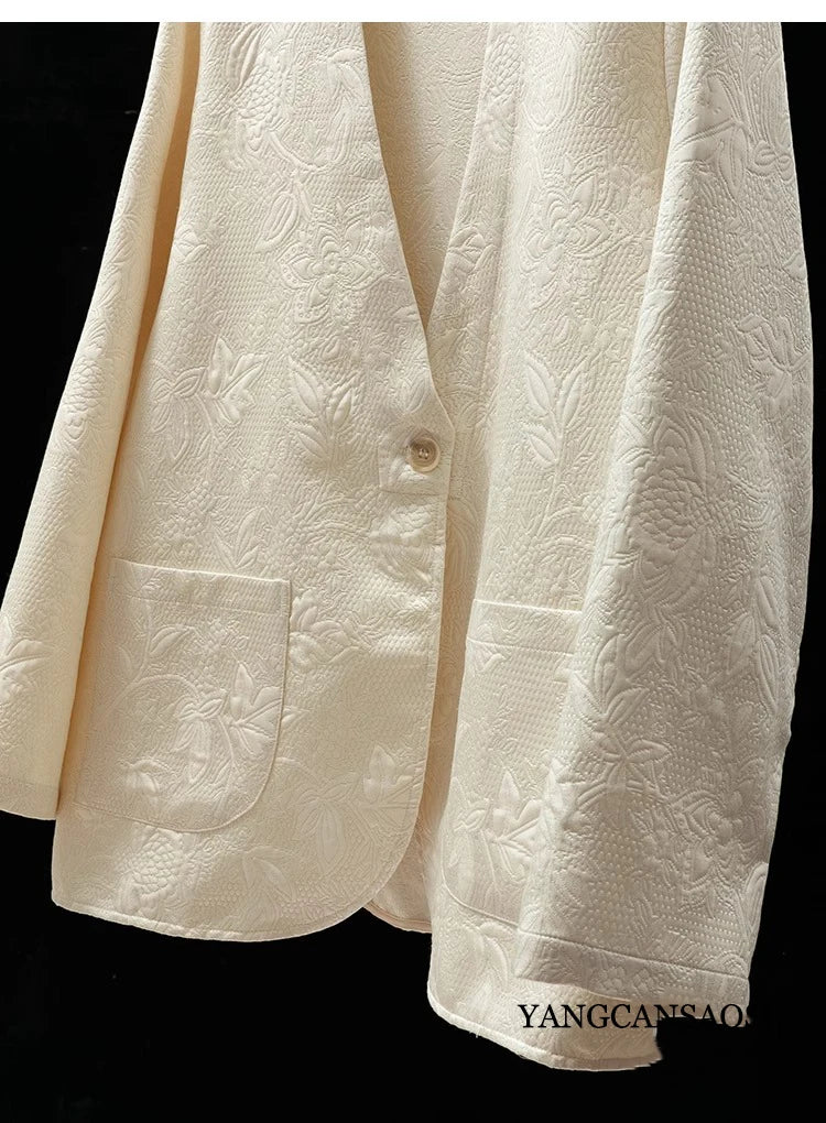 2025 femmes mode printemps nouveau Style Texture entrelacée couronne crêpe col en v à manches longues ample lait blanc manteau costume