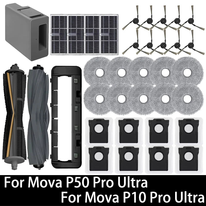 Pièces détachées pour robot aspirateur Mova P50 Pro Ultra / Mova P10 Pro Ultra : brosse principale, brosse latérale, filtre HEPA, chiffon de nettoyage, sac à poussière, accessoires