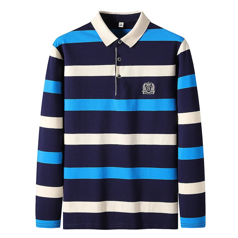 Polo à manches longues brodé en coton pour hommes, t-shirt à rayures, mode décontractée, t-shirt d'affaires, printemps, automne