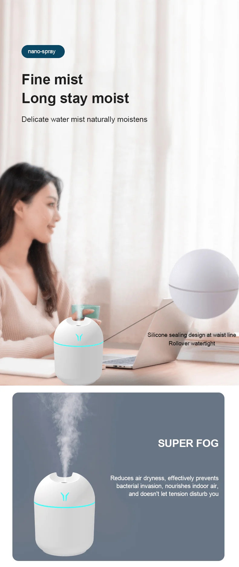 Diffuseur d'aromathérapie portable – Humidificateur USB compact pour l'air sec, le soulagement du stress et la mise au point, convient au porte-gobelet ou au sac pour ordinateur portable