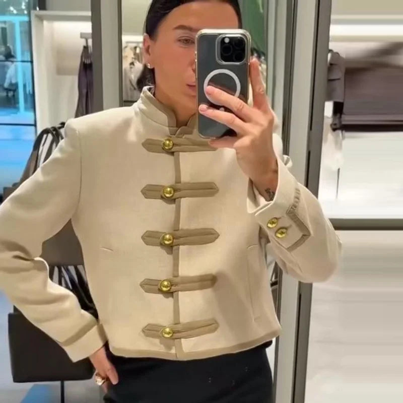 Veste élégante en Satin à boutons grenouille pour femme, col montant, manches longues, Slim, décontractée, manteau de fête de rue, hauts de bureau, printemps 2026