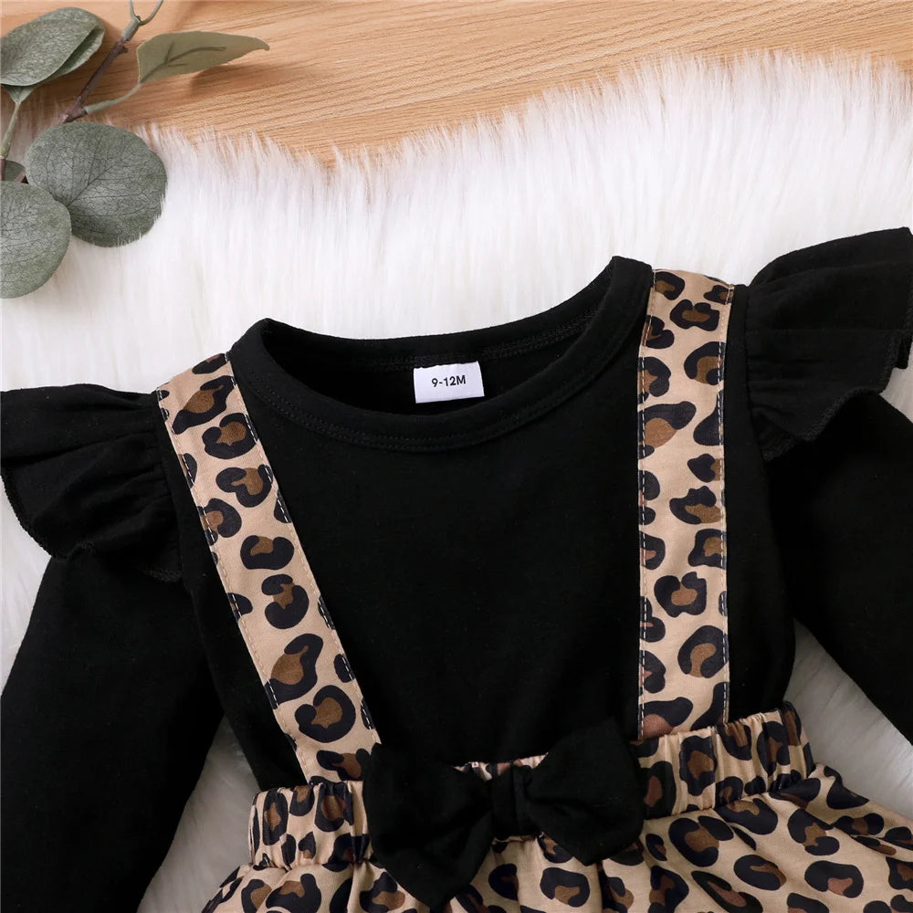 Robe barboteuse à manches longues pour bébé fille, robes léopard avec nœud, vêtements Onesie pour nouveau-né, printemps et automne, 0-18 mois