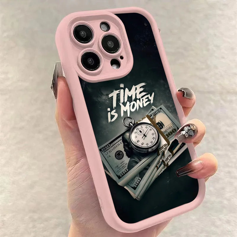 Coque de téléphone pour iPhone 17 16 15 14 12 11 13 Pro Max l'heure est l'argent couverture souple imprimée pour iPhone 17 Air 16E 7 8 Plus X XS