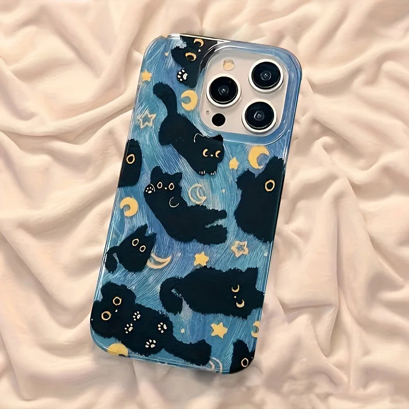 Coque de téléphone pour iPhone 17 Pro Max 16E 16 15 14 13 12 11 XS X XR 7 8 Plus SE2 Air Moon Stars et chats noirs, housse en Silicone