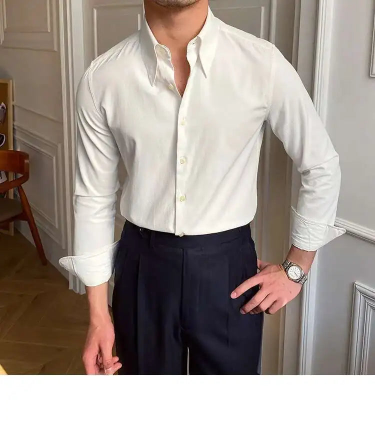 Printemps loisirs britannique affaires chemise Design britannique hommes col Cuba mince solide chemise blanche Camisa Social Masculina hommes chemise