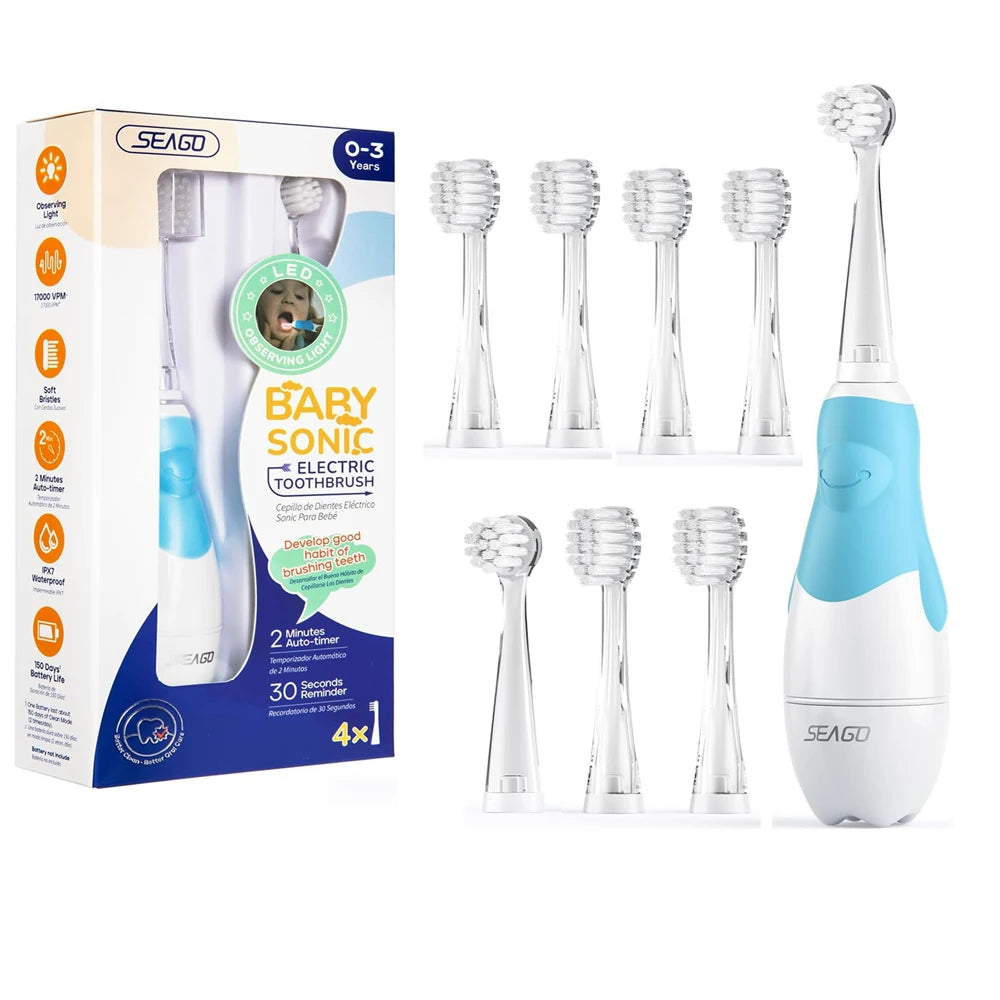 SEAGO Brosses à dents électriques pour bébés âgés de 0 à 3 ans Brosse à dents pour bébé avec minuterie intelligente Brosse douce pour bébé avec 8 recharges