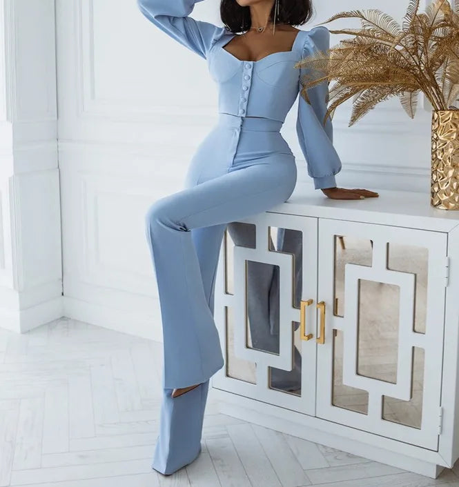 Ensemble haut et pantalon décontracté pour femmes, manches lanternes, manches courtes, épaules dénudées, Sexy, bas de cloche, nouvelle collection printemps automne 2024