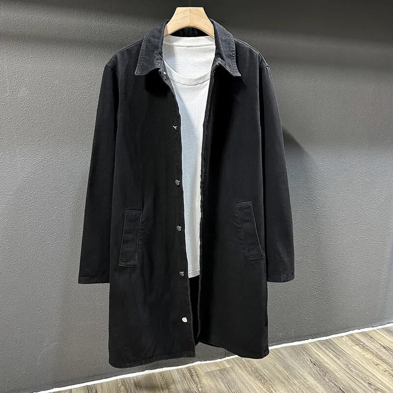 Nouveau printemps automne mode Denim Trench hommes coupe-vent décontracté manteau couleur unie Long hommes col rabattu vestes d'extérieur homme